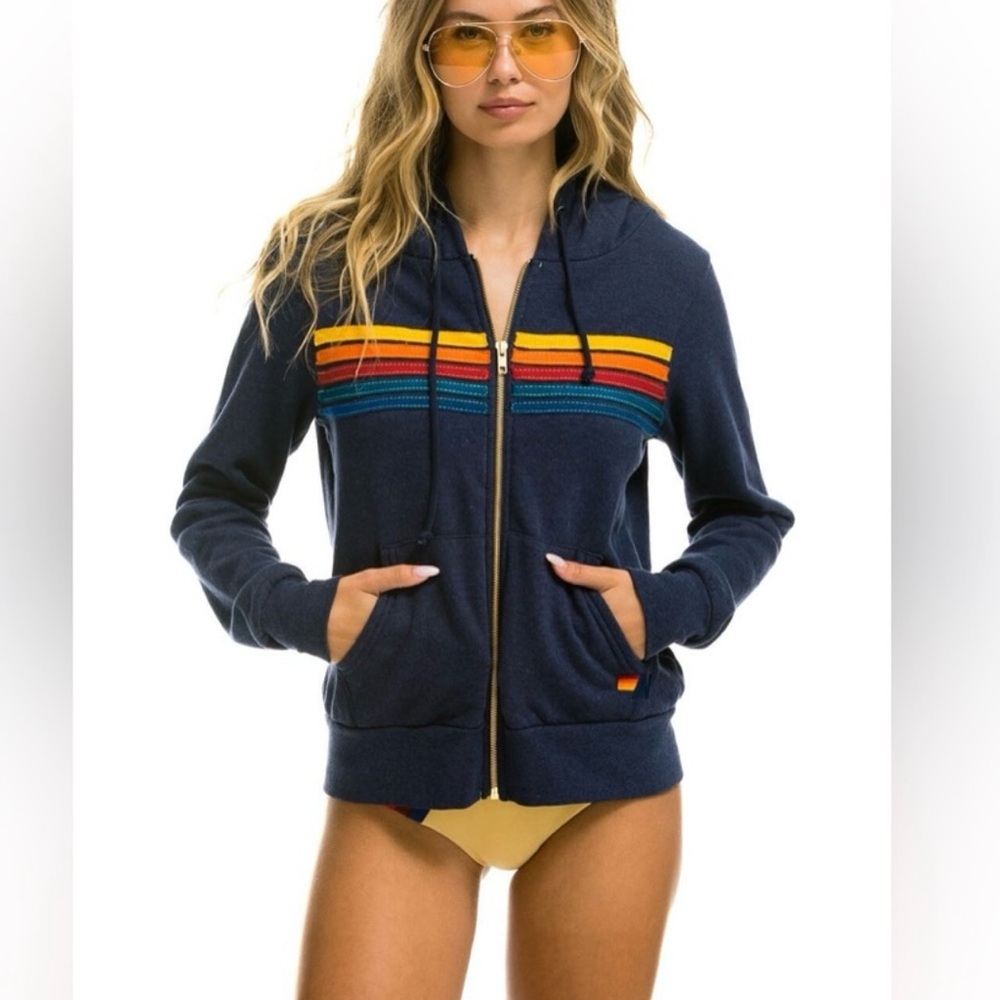 Aviator Nation 5 STRIPE HOODIE - Navy sz medium